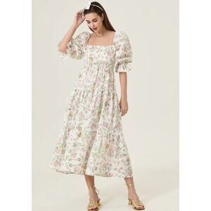 Nothing Fits But KiKo Dress L Maternity Floral Smocked Puff Sleeve Cotton Linen
